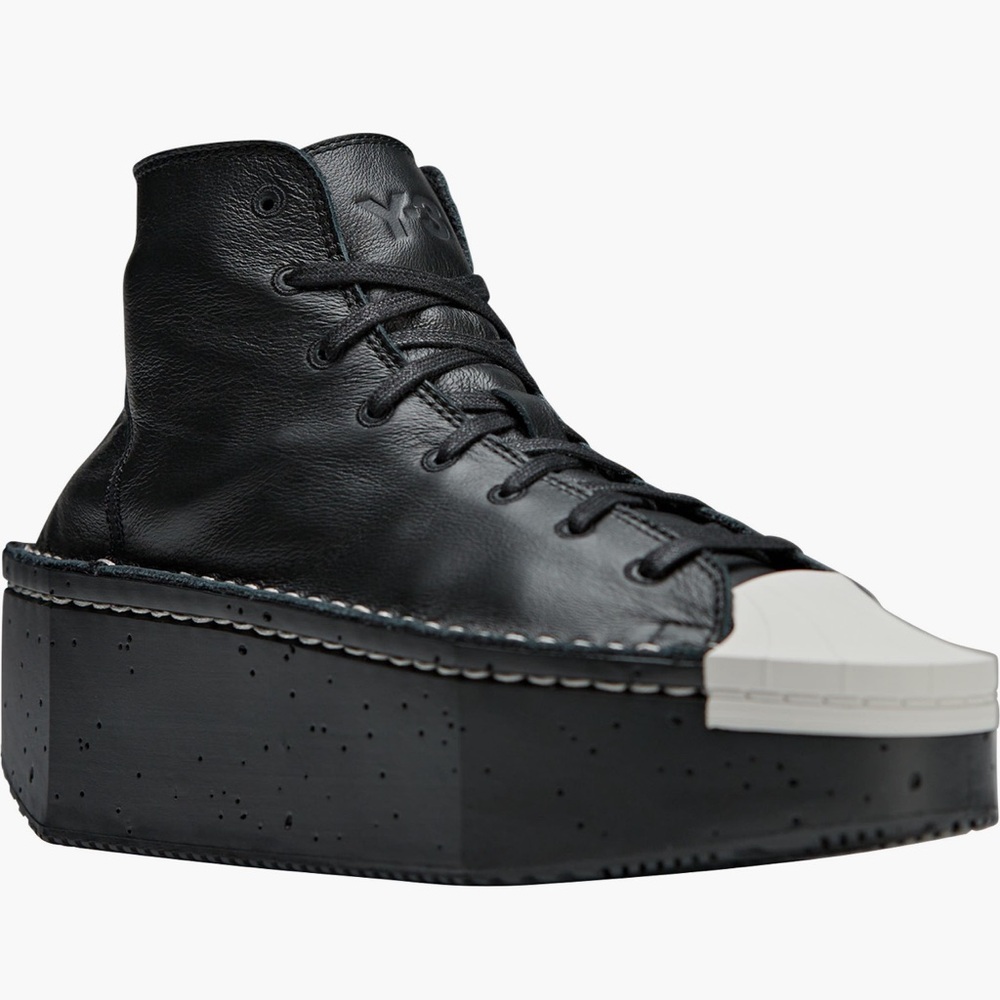 Y-3 Black Leather Platform High-Top with White Toe Cap